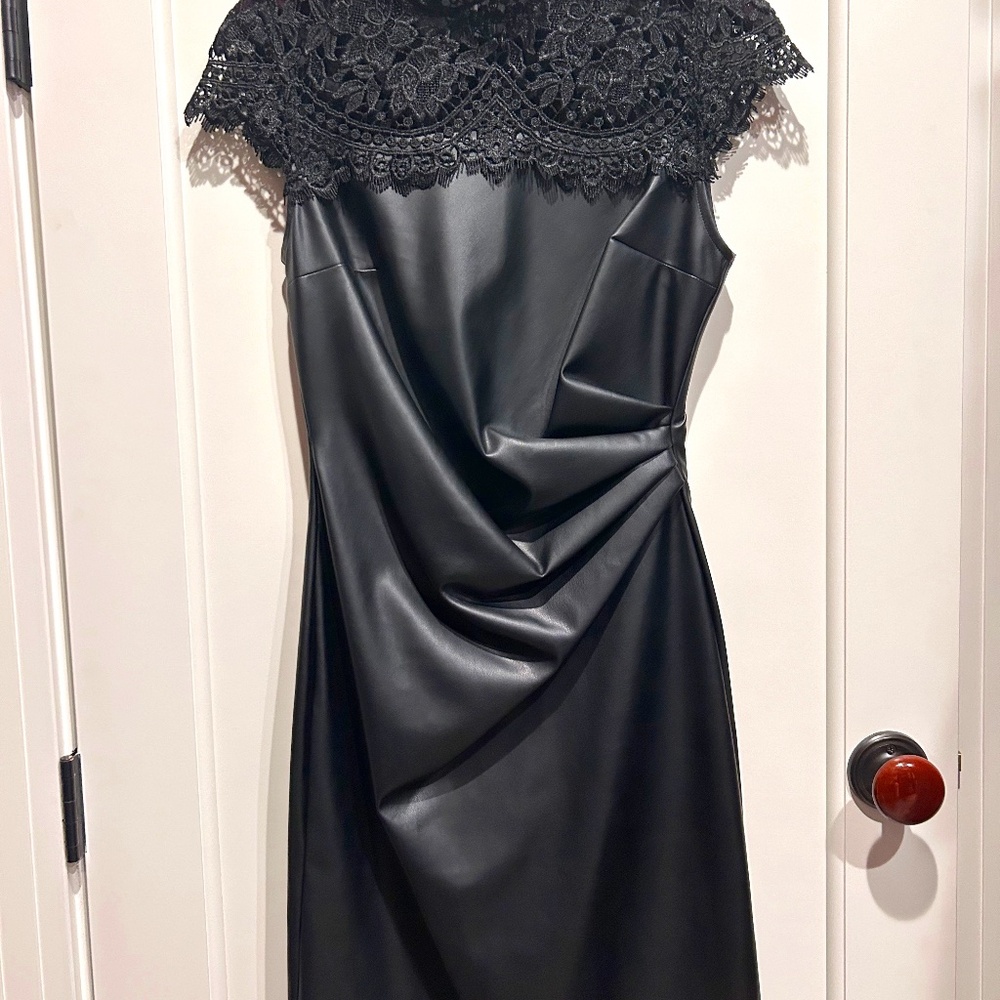 Bodyform faux leather cocktail dress with lace trim.